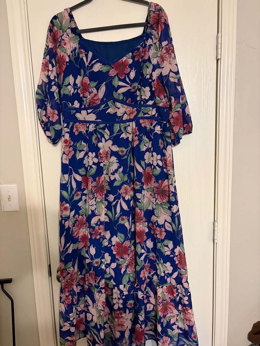 Bloomchic Midi Dress US 14-16 Blue Floral Print Chiffon Ruffle Hem
